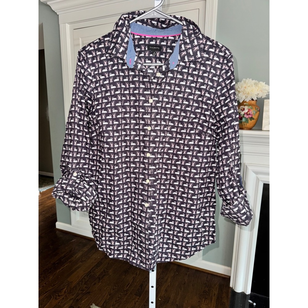 Talbots Womens Navy Blue Swan Print Cotton Button Down Shirt Roll Tab‎ Sleeve 12
